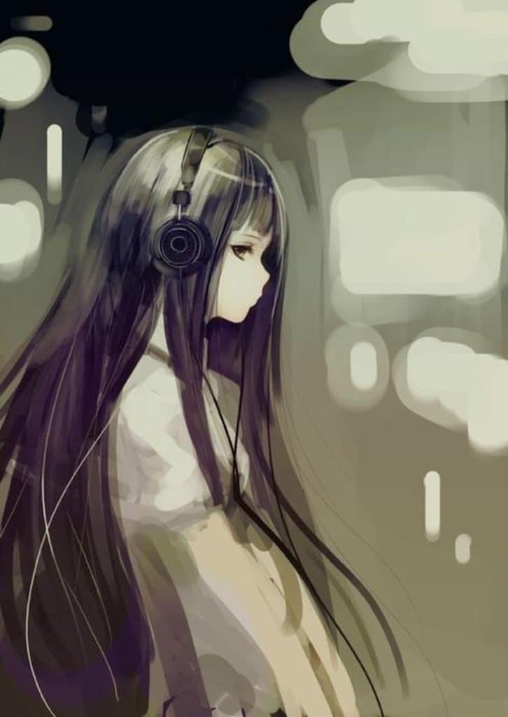 anime girl listening to music sad